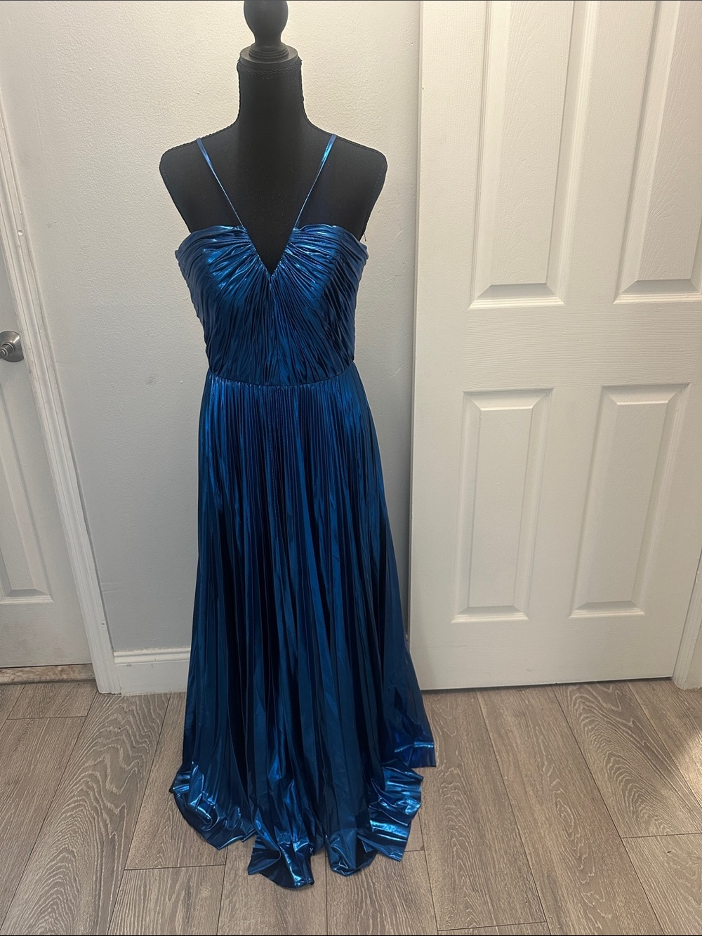 GB girls Metallic Royal Blue Pleated Spaghetti-Strap Gown
